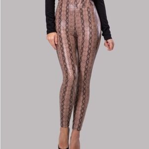 By Egreis Women's Snake Print Leggings, Tan‎ Faux Leather, High Waist